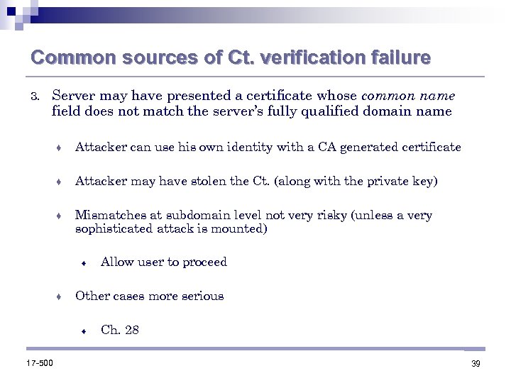 Common sources of Ct. verification failure 3. Server may have presented a certificate whose