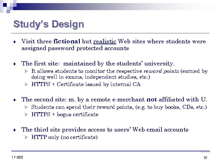 Study’s Design ♦ Visit three fictional but realistic Web sites where students were assigned