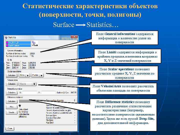Статистические характеристики объектов (поверхности, точки, полигоны) Surface Statistics… Поле General information содержится информация о