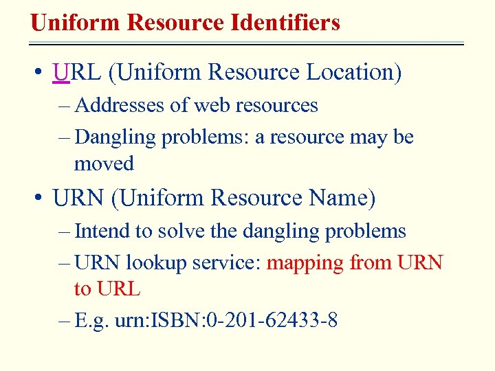 Uniform Resource Identifiers • URL (Uniform Resource Location) – Addresses of web resources –