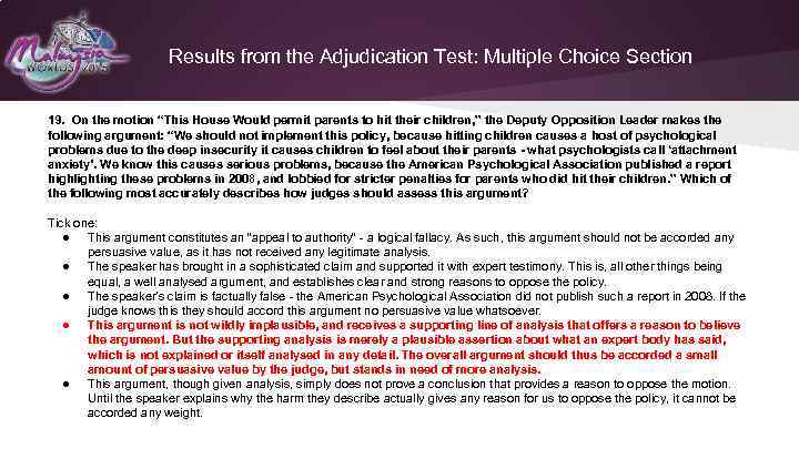 Results from the Adjudication Test: Multiple Choice Section 19. On the motion “This House