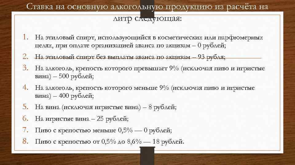 Ставка на основную алкогольную продукцию из расчёта на литр следующая: 1. На этиловый спирт,