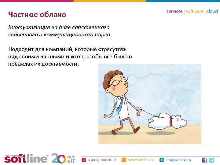 Частное облако Виртуализация на базе собственного серверного и коммутационного парка. Подходит для компаний, которые