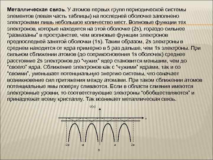 Металлическая связь. У атомов первых групп периодической системы элементов (левая часть таблицы) на последней