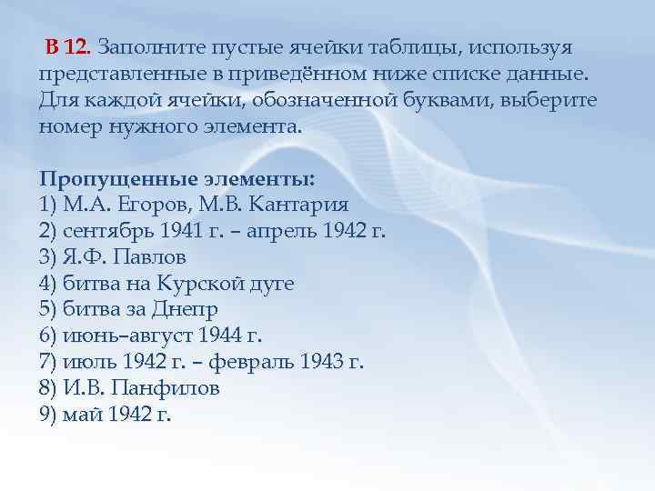 В 12. Заполните пустые ячейки таблицы, используя представленные в приведённом ниже списке данные. Для