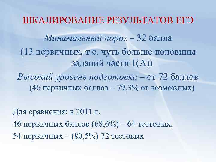 ШКАЛИРОВАНИЕ РЕЗУЛЬТАТОВ ЕГЭ Минимальный порог – 32 балла (13 первичных, т. е. чуть больше