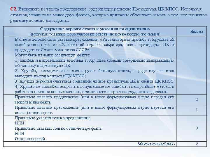 С 2. Выпишите из текста предложение, содержащее решение Президиума ЦК КПСС. Используя отрывок, укажите