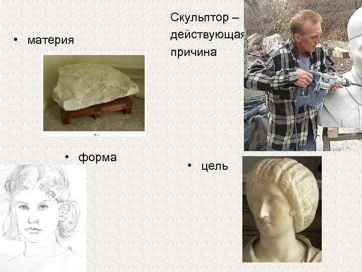  • материя • форма Скульптор – действующая причина • цель 