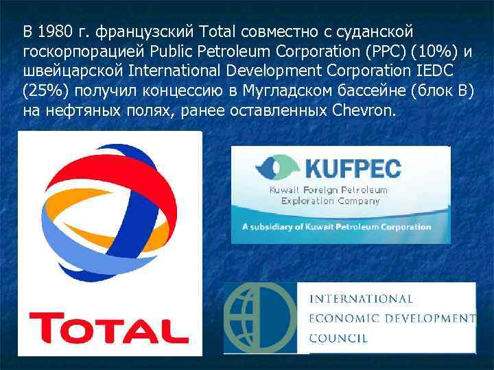 В 1980 г. французский Total совместно с суданской госкорпорацией Public Petroleum Corporation (PPC) (10%)