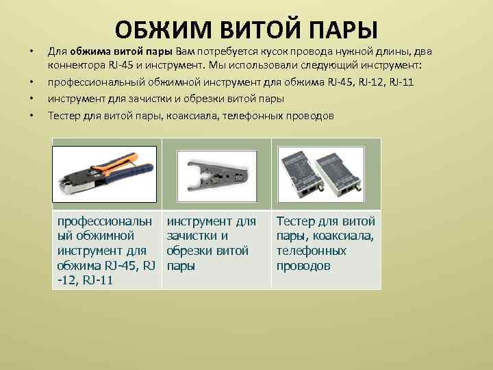  • • ОБЖИМ ВИТОЙ ПАРЫ Для обжима витой пары Вам потребуется кусок провода