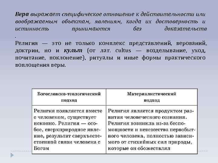 Вера выражает специфическое отношение к действительности или воображаемым объектам, явлениям, когда их достоверность и