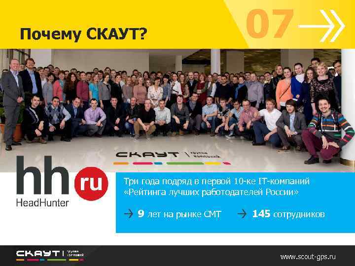 Почему СКАУТ? 07 Три года подряд в первой 10 -ке IT-компаний «Рейтинга лучших работодателей