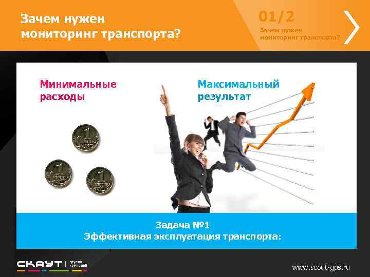 Зачем нужен мониторинг транспорта? Минимальные расходы 01/2 Зачем нужен мониторинг транспорта? Максимальный результат Задача