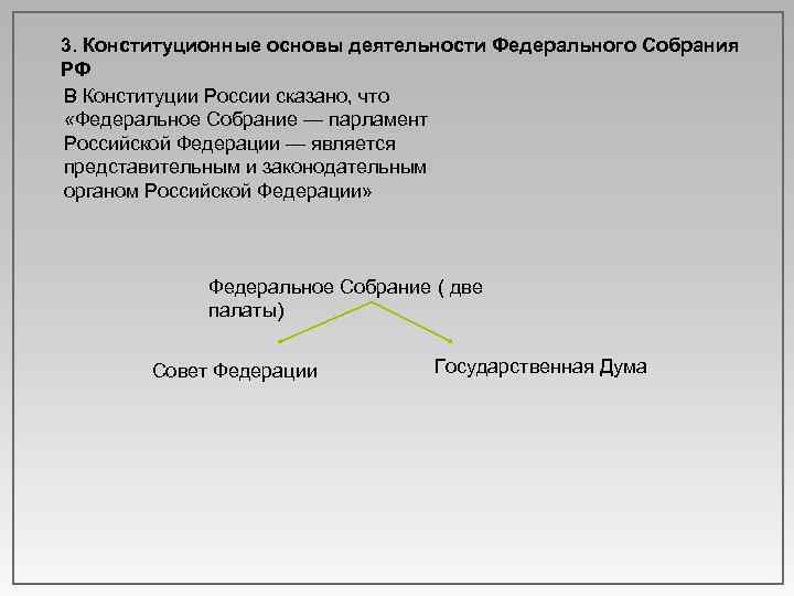 3. Конституционные основы деятельности Федерального Собрания РФ В Конституции России сказано, что «Федеральное Собрание