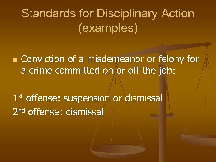 Standards for Disciplinary Action (examples) n Conviction of a misdemeanor or felony for a