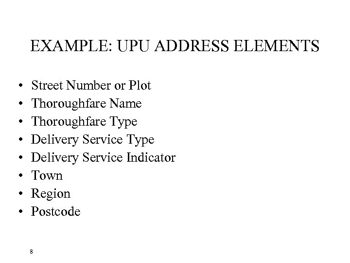 EXAMPLE: UPU ADDRESS ELEMENTS • • Street Number or Plot Thoroughfare Name Thoroughfare Type