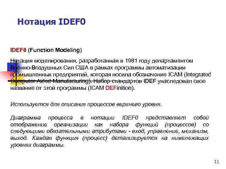 Нотация IDEF 0 (Function Modeling) Нотация моделирования, разработанная в 1981 году департаментом Военно-Воздушных Сил