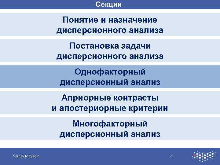 Секции Понятие и назначение дисперсионного анализа Постановка задачи дисперсионного анализа Однофакторный дисперсионный анализ Априорные