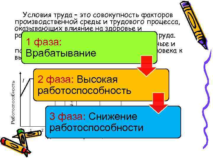 II II III 2 фаза: Высокая I III работоспособность I Обеденный перерыв Работоспособность Условия
