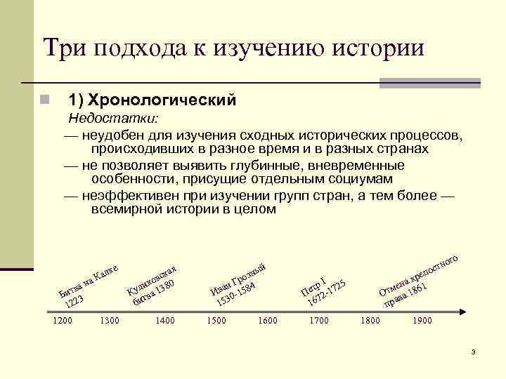 Три подхода к изучению истории n 1) Хронологический Недостатки: — неудобен для изучения сходных