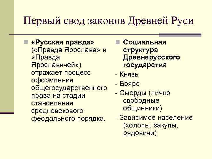 Первый свод законов Древней Руси n «Русская правда» ( «Правда Ярослава» и «Правда Ярославичей»