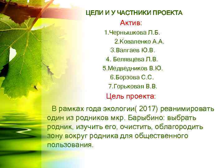 ЦЕЛИ И У ЧАСТНИКИ ПРОЕКТА Актив: 1. Чернышкова Л. Б. 2. Коваленко А. А.