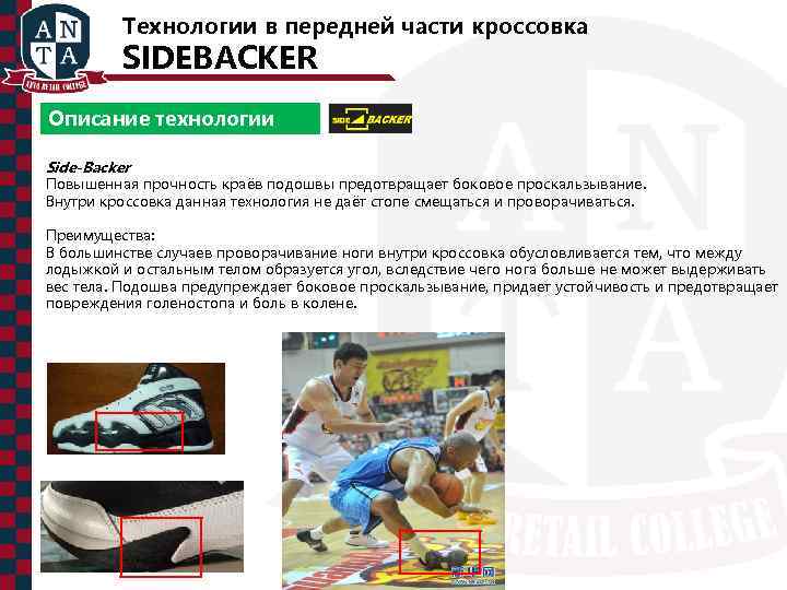 Технологии в передней части кроссовка SIDEBACKER Описание технологии Side-Backer Повышенная прочность краёв подошвы предотвращает