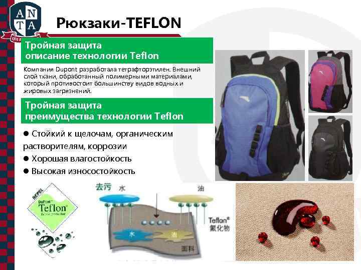 Рюкзаки-TEFLON Тройная защита описание технологии Teflon Компания Dupont разработала тетрафторэтилен. Внешний слой ткани, обработанный