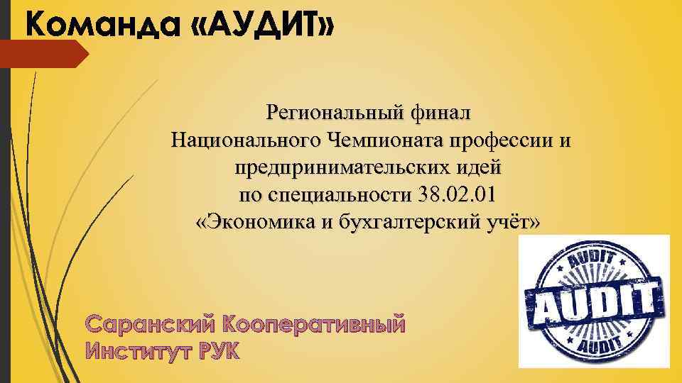 Команда «АУДИТ» Региональный финал Национального Чемпионата профессии и предпринимательских идей по специальности 38. 02.