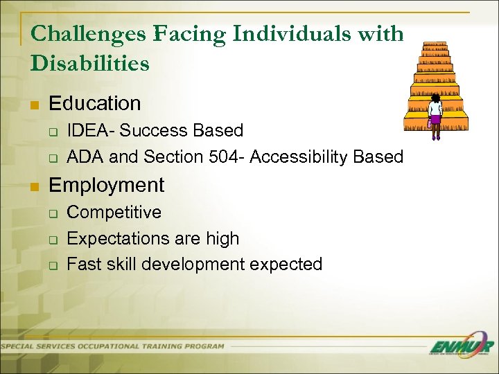 Challenges Facing Individuals with Disabilities n Education q q n IDEA- Success Based ADA