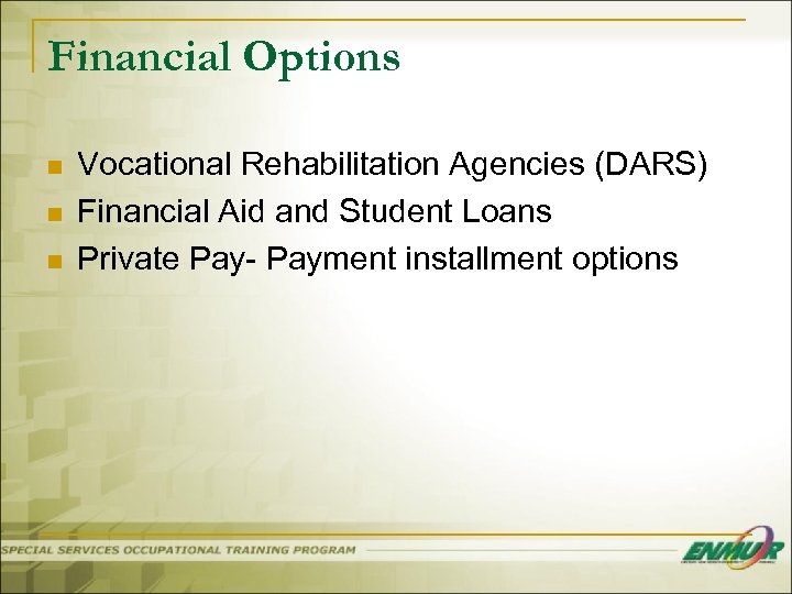 Financial Options n n n Vocational Rehabilitation Agencies (DARS) Financial Aid and Student Loans