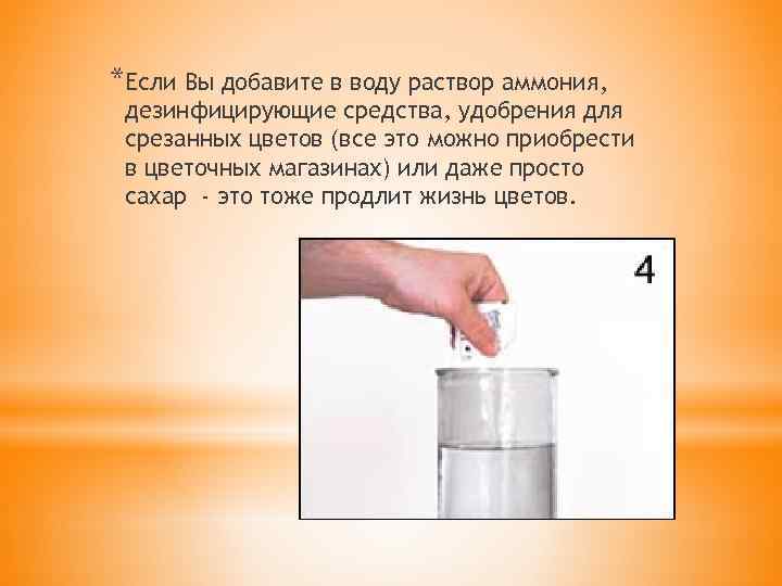 *Если Вы добавите в воду раствор аммония, дезинфицирующие средства, удобрения для срезанных цветов (все