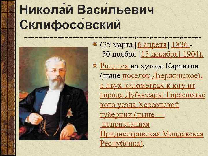 Никола й Васи льевич Склифосо вский (25 марта [6 апреля] 1836 30 ноября [13