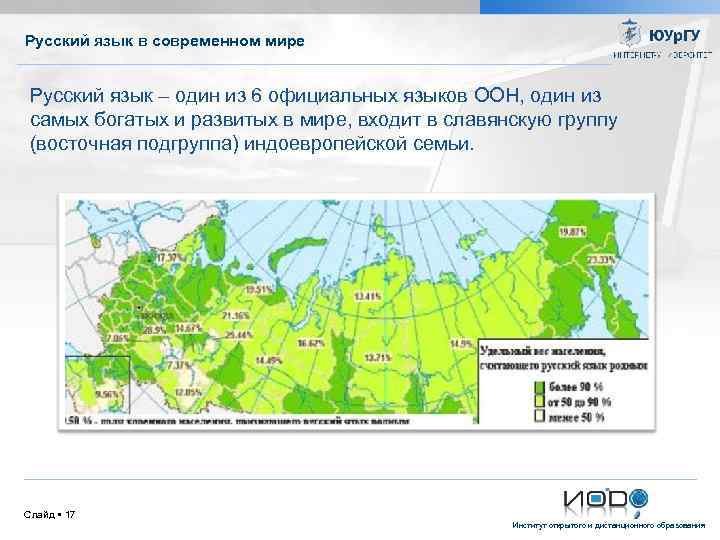 Русский язык в современном мире Русский язык – один из 6 официальных языков ООН,