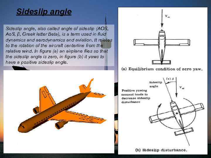 Sideslip angle, also called angle of sideslip (AOS, Ao. S, β, Greek letter Beta),