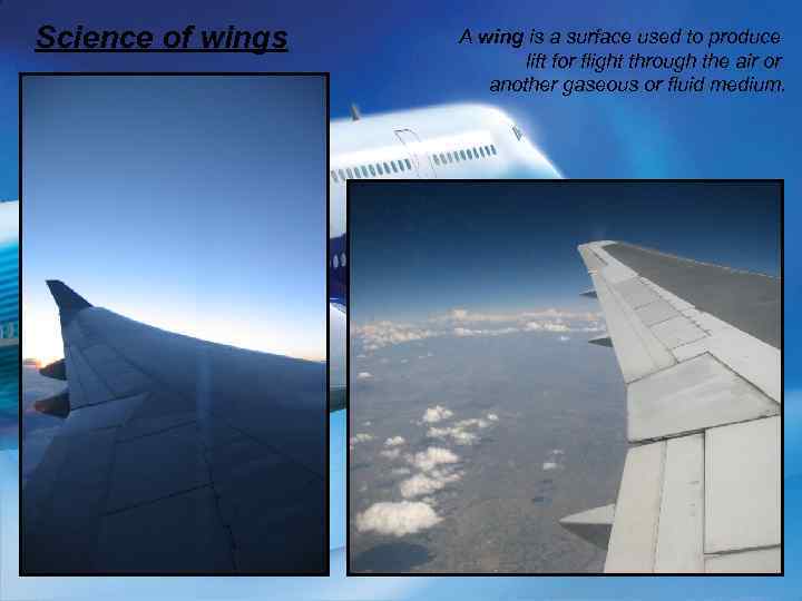 Science of wings A wing is a surface used to produce lift for flight