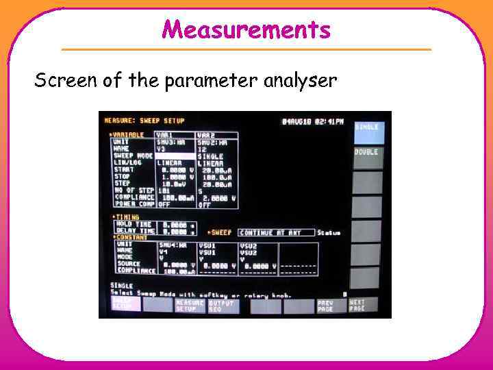 Measurements Screen of the parameter analyser 