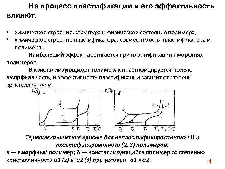 На процесс пластификации и его эффективность влияют: • химическое строение, структура и физическое состояние