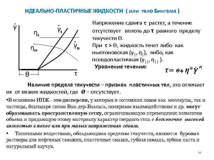 ИДЕАЛЬНО-ПЛАСТИЧНЫЕ ЖИДКОСТИ ( или тело Бингама ) Напряжение сдвига τ растет, а течение отсутствует