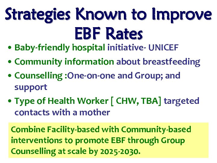 Strategies Known to Improve EBF Rates • Baby-friendly hospital initiative- UNICEF • Community information