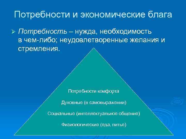 Потребности и экономические блага Ø Потребность – нужда, необходимость в чем либо; неудовлетворенные желания