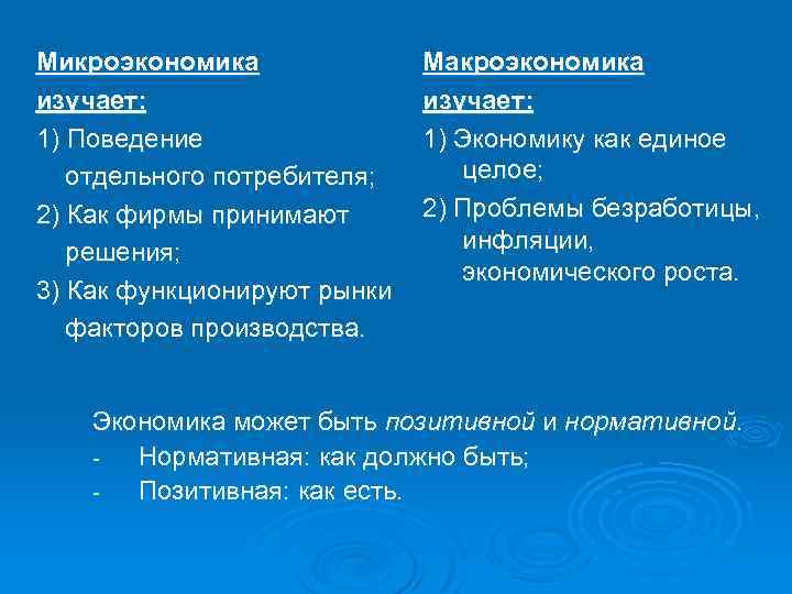 Микроэкономика изучает: 1) Поведение отдельного потребителя; 2) Как фирмы принимают решения; 3) Как функционируют