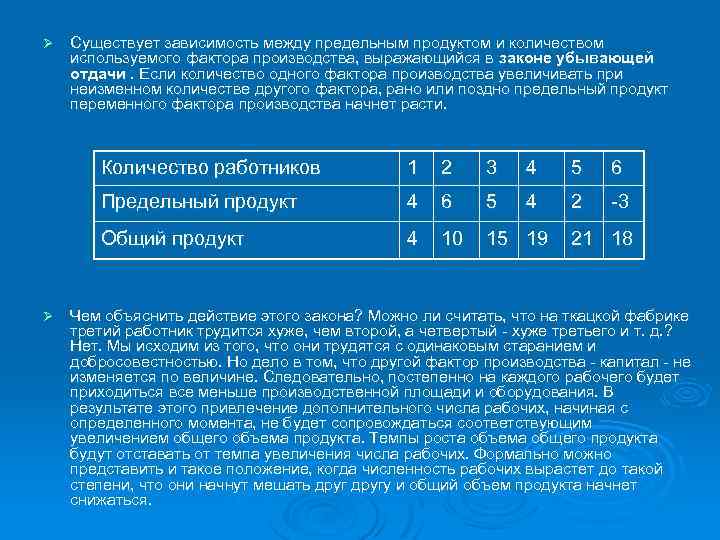 Ø Существует зависимость между предельным продуктом и количеством используемого фактора производства, выражающийся в законе