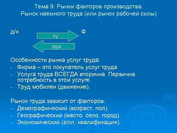 Тема 9: Рынки факторов производства. Рынок наемного труда (или рынок рабочей силы) д/х т/у