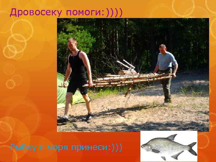 Дровосеку помоги: )))) Рыбку с моря принеси: ))) 