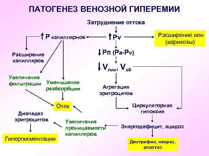 ПАТОГЕНЕЗ ВЕНОЗНОЙ ГИПЕРЕМИИ Затруднение оттока Р капиллярное Рп (Ра-Рv) Расширение капилляров Увеличение фильтрации Расширение