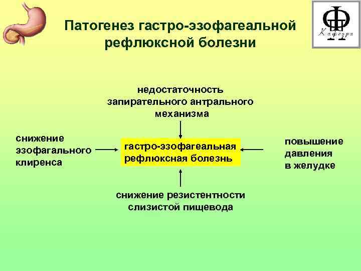 Патогенез гастро-эзофагеальной рефлюксной болезни недостаточность запирательного антрального механизма снижение эзофагального клиренса гастро-эзофагеальная рефлюксная болезнь