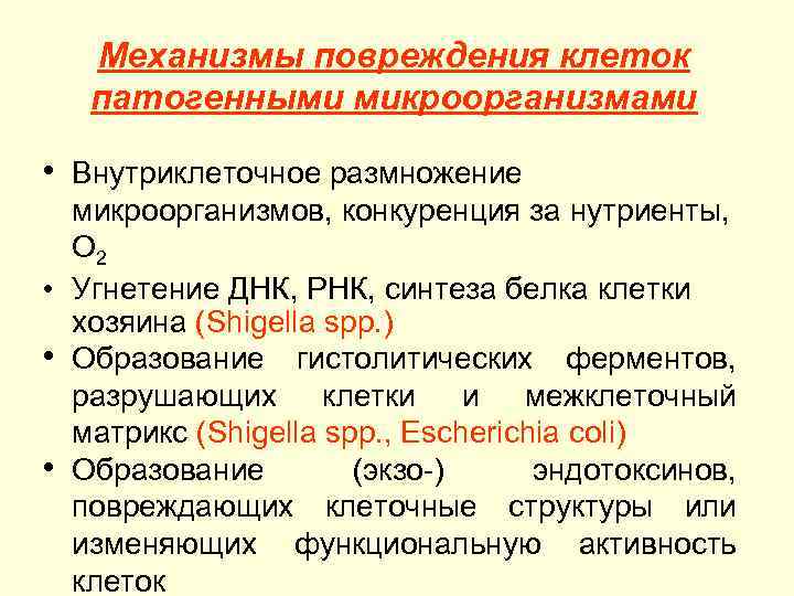 Механизмы повреждения клеток патогенными микроорганизмами • Внутриклеточное размножение микроорганизмов, конкуренция за нутриенты, О 2