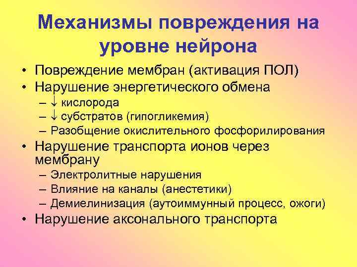 Механизмы повреждения на уровне нейрона • Повреждение мембран (активация ПОЛ) • Нарушение энергетического обмена