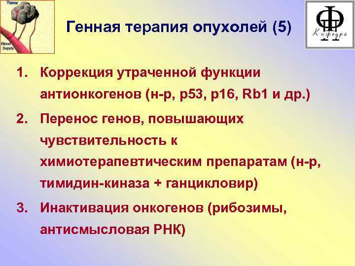 Генная терапия опухолей (5) 1. Коррекция утраченной функции антионкогенов (н-р, р53, р16, Rb 1